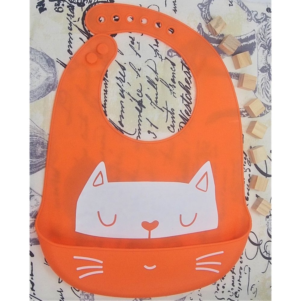 Baby Bibs Easily Wipe Clean -Silicone Orange Cat